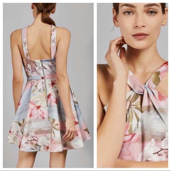 NWT TED BAKER 4 US 10 Umerta Floral Skater Mint Chocolate Chip Knot Dress - Picture 3 of 6